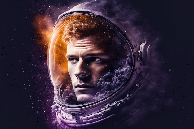 Fantástico retrato de un astronauta masculino con casco y traje espacial