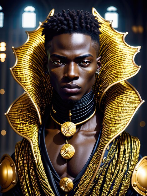 Fantástico retrato de un hombre afroamericano con un elegante traje dorado