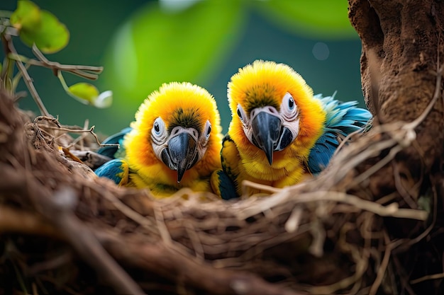 Fantásticos polluelos de guacamayo en nido