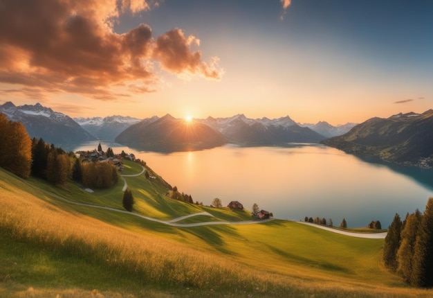 Foto fantastische berglandschaft am abend. malerischer herbstsonnenuntergang in den schweizer alpen