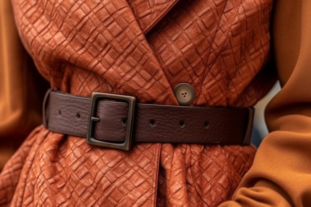 Fantastische Details von orangefarbenem Mantel mit läderbraunem Gürtel Herbst-Casual-Mode-Stil