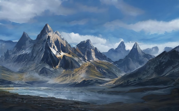 Fantastische epische Magica Landschaft der Berge Sommer Natur Mystic Forest Gaming RPG Hintergrund