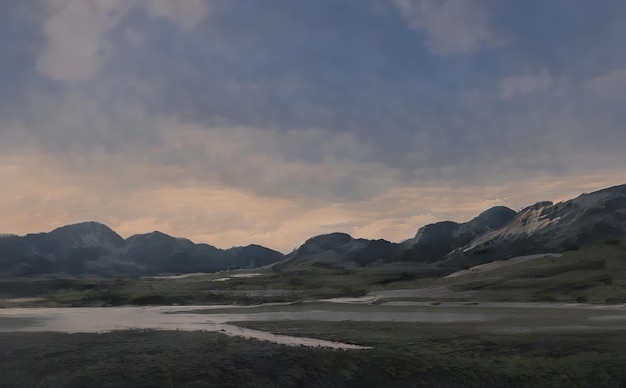 Fantastische epische magische Landschaft der Berge. Sommernatur. Mystic Valley, Tundra, Wald, Hügel