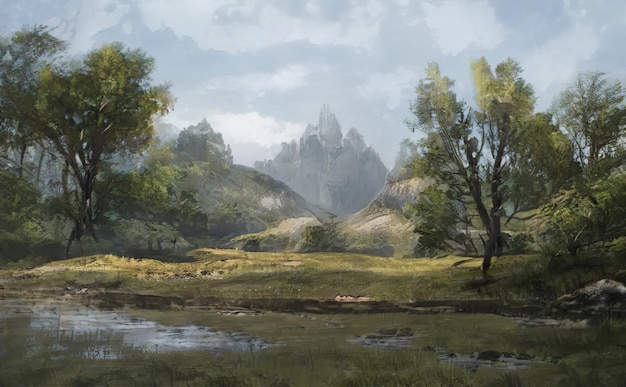 Fantastische epische magische Landschaft der Berge Sommernatur mystischer Waldspiel-RPG-Hintergrund