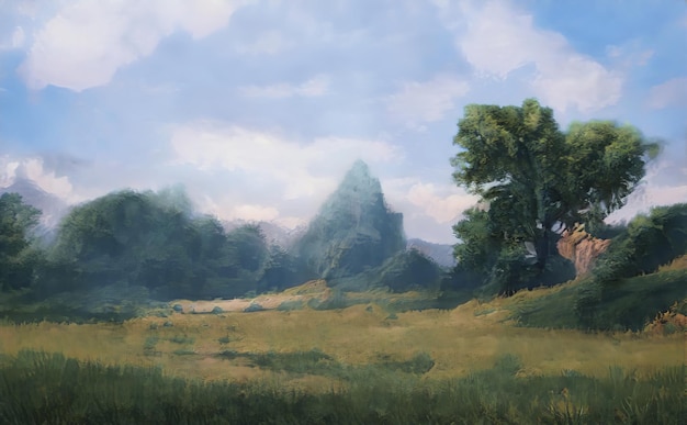 Fantastische epische magische Landschaft der Berge Sommernatur mystischer Waldspiel-RPG-Hintergrund