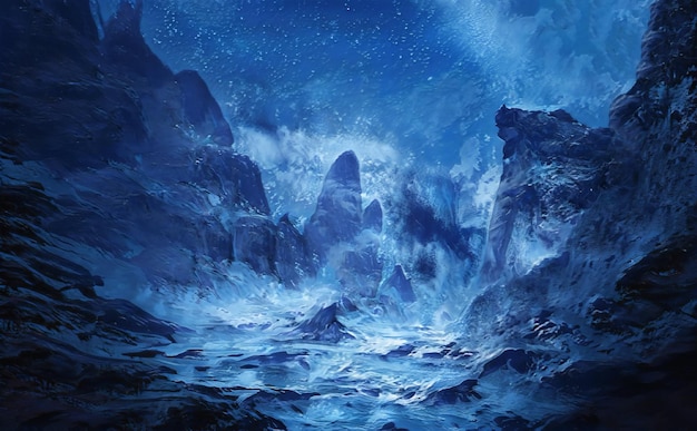 Fantastische epische Winterlandschaft der Berge Frozen Nature Mystic Valley Gaming RPG Hintergrund