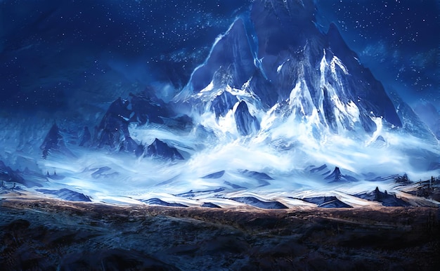 Fantastische epische Winterlandschaft der Berge Frozen Nature Mystic Valley Gaming RPG Hintergrund