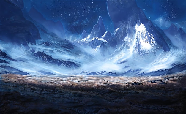 Fantastische epische Winterlandschaft der Berge Frozen Nature Mystic Valley Gaming RPG Hintergrund