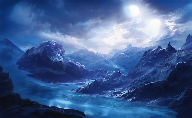 Fantastische epische Winterlandschaft der Berge Frozen Nature Mystic Valley Gaming RPG Hintergrund