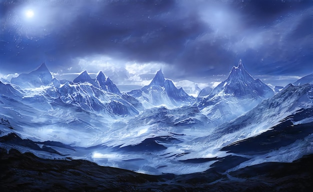 Fantastische epische Winterlandschaft der Berge Frozen Nature Mystic Valley Gaming RPG Hintergrund