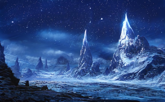 Fantastische epische Winterlandschaft der Berge Frozen Nature Mystic Valley Gaming RPG Hintergrund