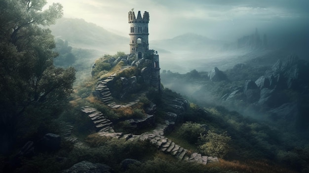 Fantastische Fantasy-Schlösser. Dunkles Schloss im Tal, dunkle Atmosphäre der Hölle. KI-generativ