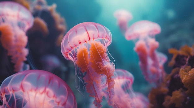 Fantastische farbenfrohe Quallen unter Wasser in Nahaufnahme