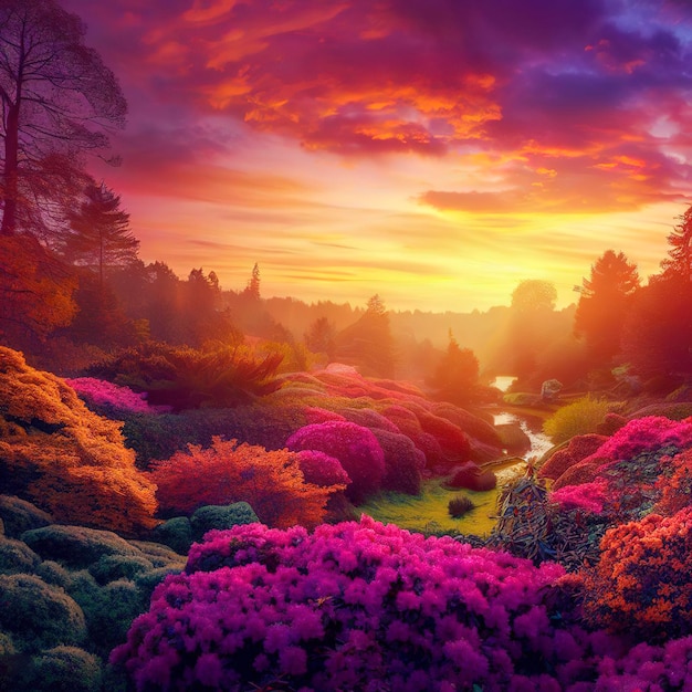 Fantastische Herbstlandschaft Erstaunlicher Sonnenuntergang Mit farbenfrohem Himmel im Azalea- und Rhododendronpark