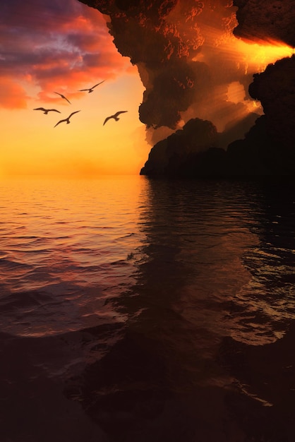 Fantastische Küste und Felsen bei Sonnenaufgang d Illustration