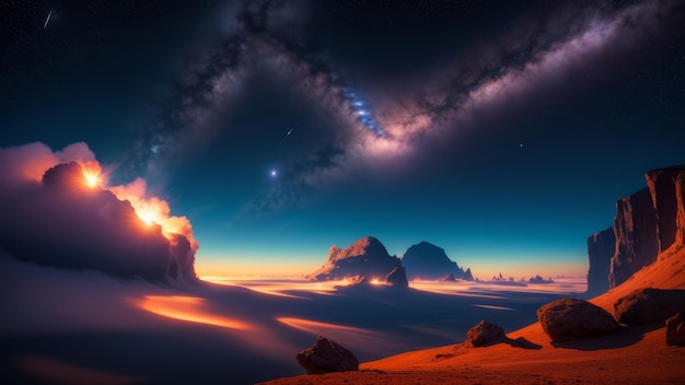 Fantastische Landschaft eines feurigen Planeten mit leuchtenden Sternen, Nebeln, massiven Wolken und fallenden Asteroiden