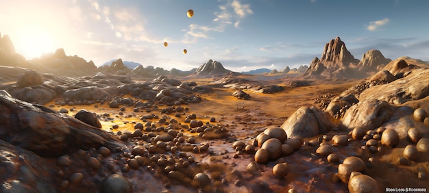 Fantastische Landschaft eines fremden Planeten mit Felsen, fliegenden Steinen und leuchtenden gelben und blauen Flecken Illustration des Weltraums und des Planetenoberflächenpanoramas für den Hintergrund eines Computerspiels Ai Generative