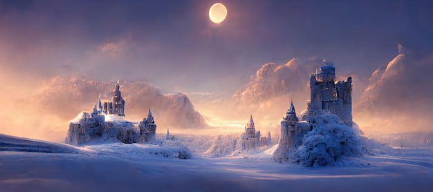 Fantastische landschaft in einer winternacht alte steinburg im schnee 3d-rendering rasterdarstellung