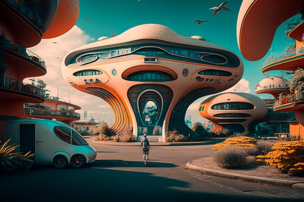 Fantastische Städte der Zukunft mit fliegenden Autos und Werbebannern Generative KI