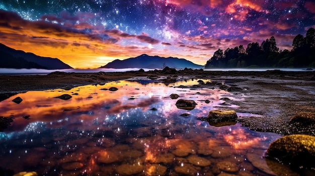 Fantastische Sternennacht über dem See mit im Wasser reflektierten Sternen