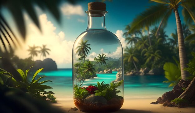 Fantastische tropische Insel im Hintergrund der Flasche Generative KI