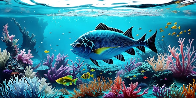 Fantastische Unterwasserwelt mit Fischen und Algen, helle, mehrfarbige Illustration, von der KI generiert