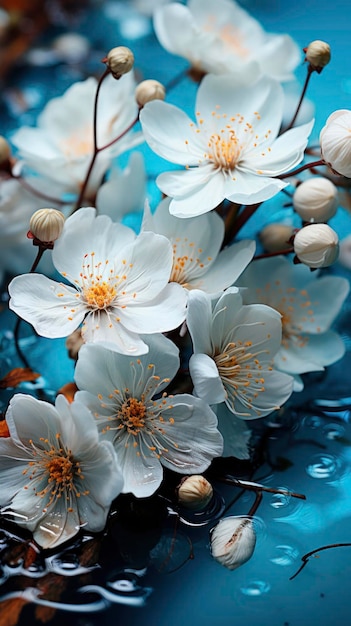 Fantastische Wassertropfen klammern sich an die zarten blauen Blütenblätter jede Apfelblume eine Miniaturwelt ruhiger Schönheit