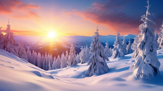 fantastische Winterlandschaft bei Sonnenuntergang schöner farbenfroher Sonnenuntergang
