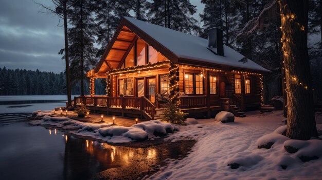 Fantastische Winterlandschaft mit Holzhaus in verschneiten Bergen