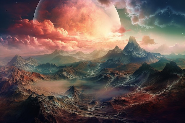 Fantastischer Planet mit wirbelnden Wolken und farbenfroher Landschaft, erstellt mit generativer KI