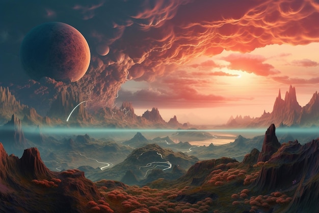 Fantastischer Planet mit wirbelnden Wolken und farbenfroher Landschaft, erstellt mit generativer KI