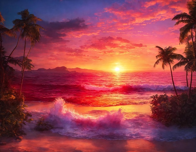 Fantastischer Sonnenaufgang auf dem Meer für Urlaubsstil Design Tropische natürliche Ozeanlandschaft Sonnenuntergang für Hintergründe erstaunliche tropische Landschaft Konzept von Sommerferien und Reiseferien Kopieren Sie Anzeigentextraum