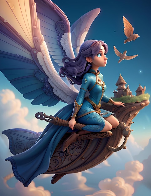 fantastischer Stil eine Frau fliegt auf dem Himmel Frau auf dem Fluss Frau 3D-Cartoon-Stil Charakter bewegt sich