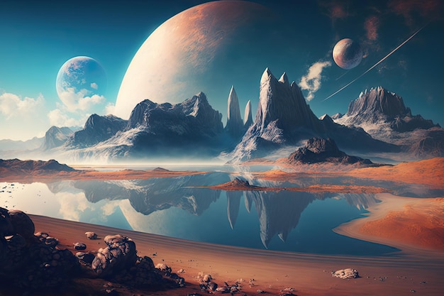 Fantastischer Weltraumplanet mit Meer und hohen Bergen, futuristische virtuelle Welt