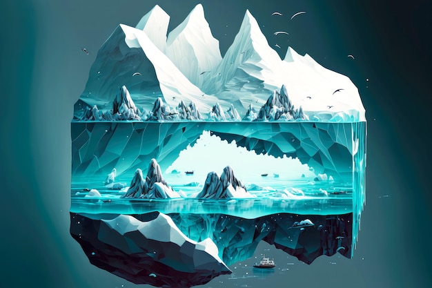 Fantastisches Bild eines riesigen schwimmenden Eisbergs und eines kleinen Schiffs, über dem Möwen kreisen