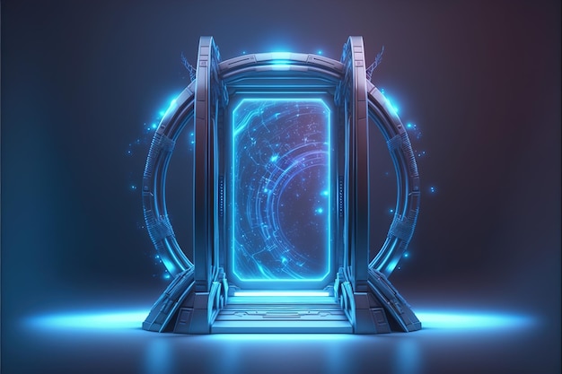 Fantastisches Hightech-Portal mit Neonbeleuchtung auf einem Raumschiff Teleportation der Cyberpunk-Welt