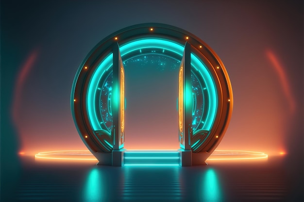 Fantastisches Hightech-Portal mit Neonbeleuchtung auf einem Raumschiff Teleportation der Cyberpunk-Welt