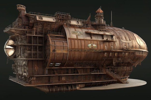 Fantastisches Luftschiff im Steampunk-Stil isoliert auf schwarzem Hintergrund