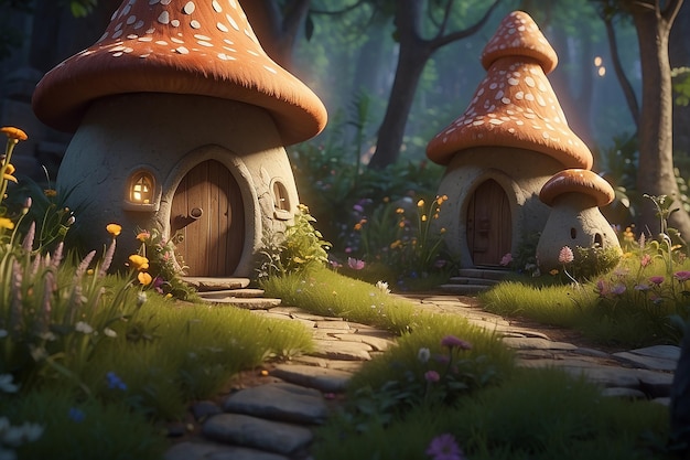 Fantastisches pilzähnliches Haus wächst in einem magischen Wald