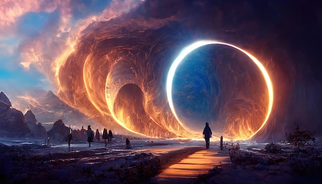 Fantastisches Portal zu einer unwirklichen Welt Neontunnel magisch mysteriös majestätische Landschaft Antike und Moderne 3D-Rendering Rasterdarstellung