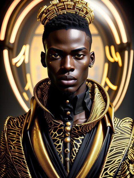 Fantastisches Porträt eines afroamerikanischen Mannes in einem goldenen, stilvollen Anzug