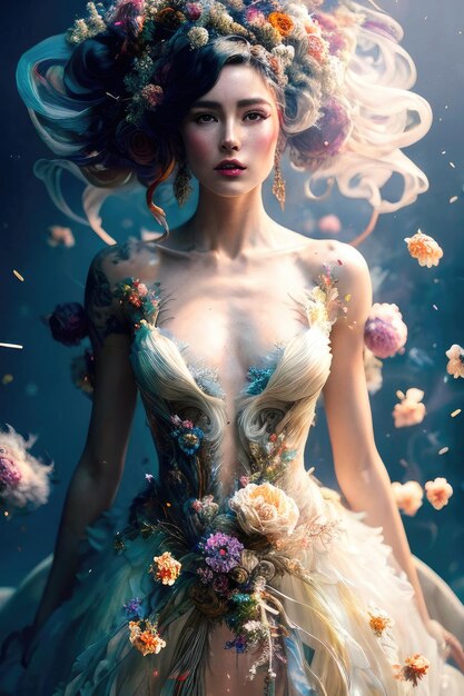 Fantastisches Porträt eines Mädchens in einem Kleid mit Blumen