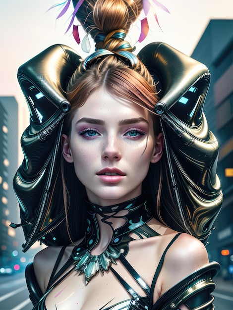 Fantastisches Porträt eines Mädchens mit mehrfarbigen Haaren und cybernetischer Kleidung, generiert von KI