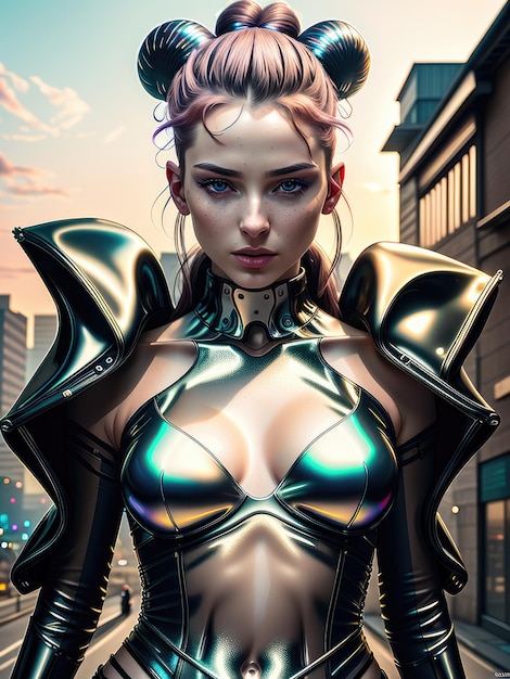 Fantastisches Porträt eines Mädchens mit mehrfarbigen Haaren und cybernetischer Kleidung, generiert von KI