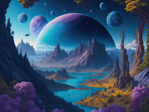 Fantasy-Alien-Planet Bergsee 3D-Renderillustration