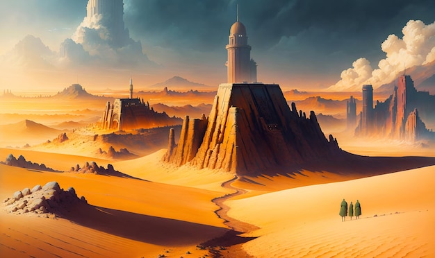Fantasy-Alien-Planet, trockene Wüsten-Wildnis-Landschaft, futuristisches Universum, Science-Fiction-Wandkunst, Entdeckung, Erkundung, Abenteuer, generative KI