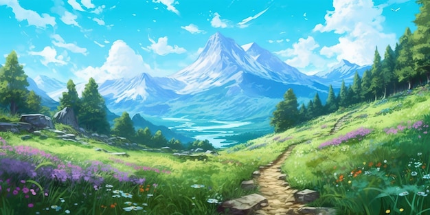 Fantasy-Anime-Landschaftsillustration mit Bergen und Himmel ein Pfad im Wald