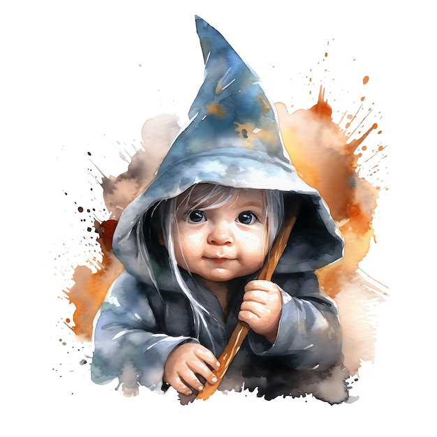 Fantasy-Aquarell-Baby-Zauberer-Illustration