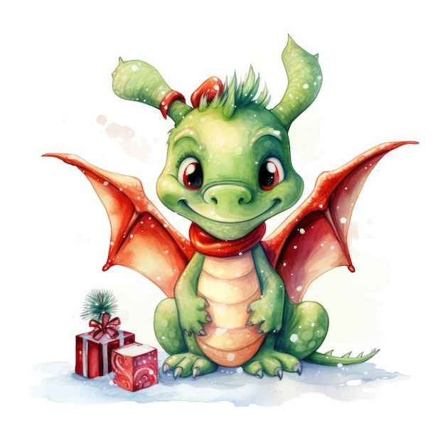 Fantasy-Aquarell-Weihnachtsdrache mit Geschenkboxen auf weißem Hintergrund. Symbol des Jahres 2024. Generative KI-Inhalte
