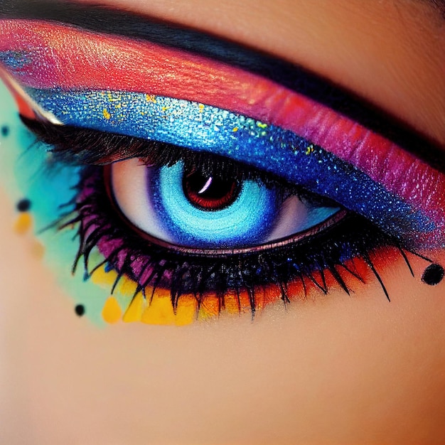 Fantasy-Auge mit schöner Make-up-Nahaufnahme Das Auge mit hellen Farben